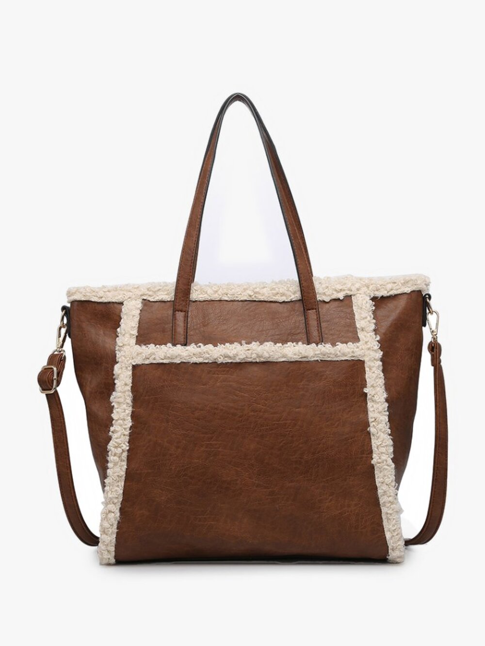 NWT Jen & Co Lulu Sherpa Trim Tote With Front Pocket In Dark Brown